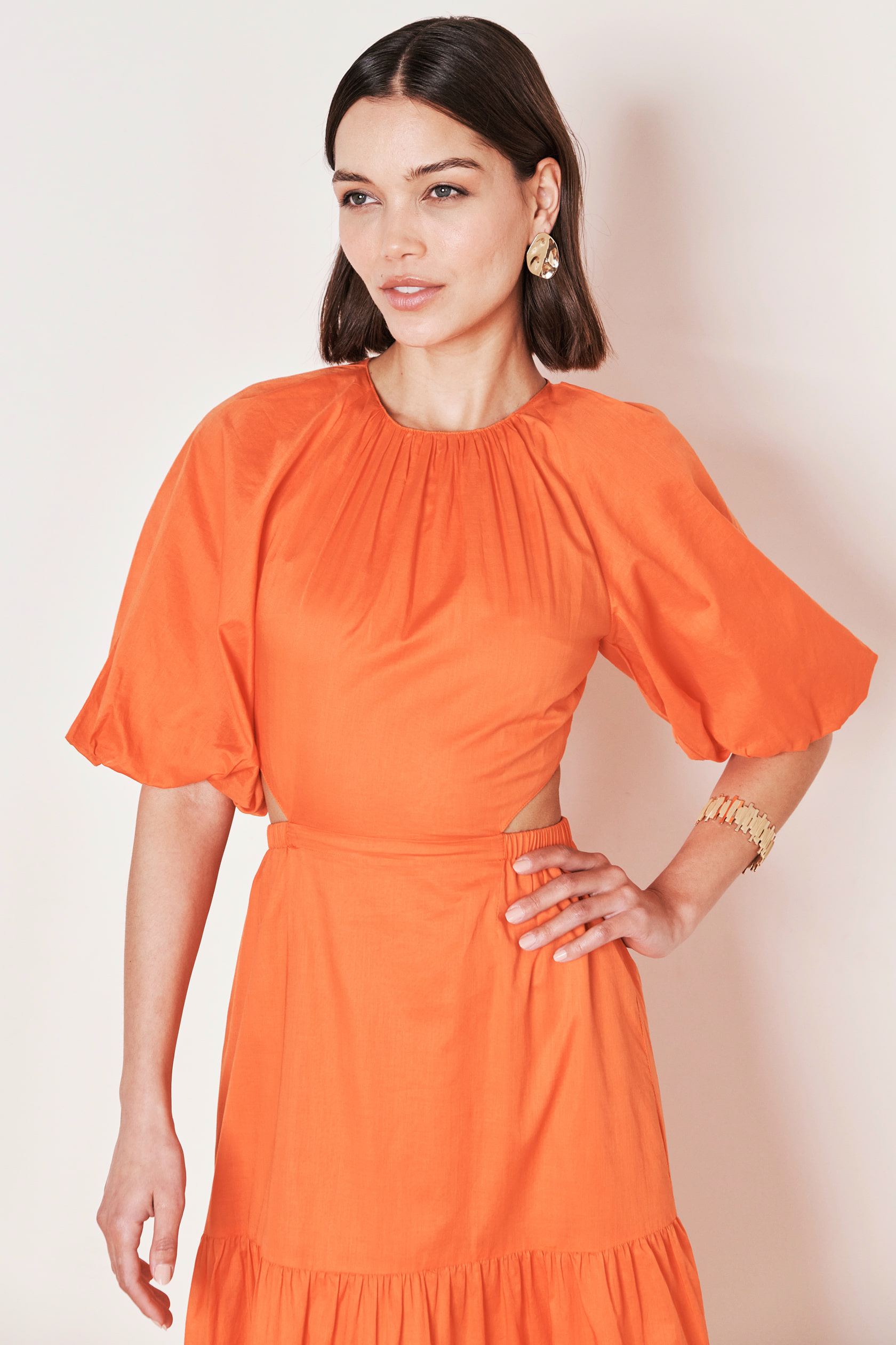 orange dress with bell sleeves Orange Cotton Poplin Fit and Flare Balloon Sleeves Short Dress 50" / Petite (5'1" and below)