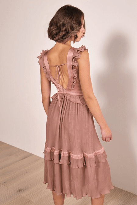 CLAIRE LUISE Pleated ruffle dress in orange