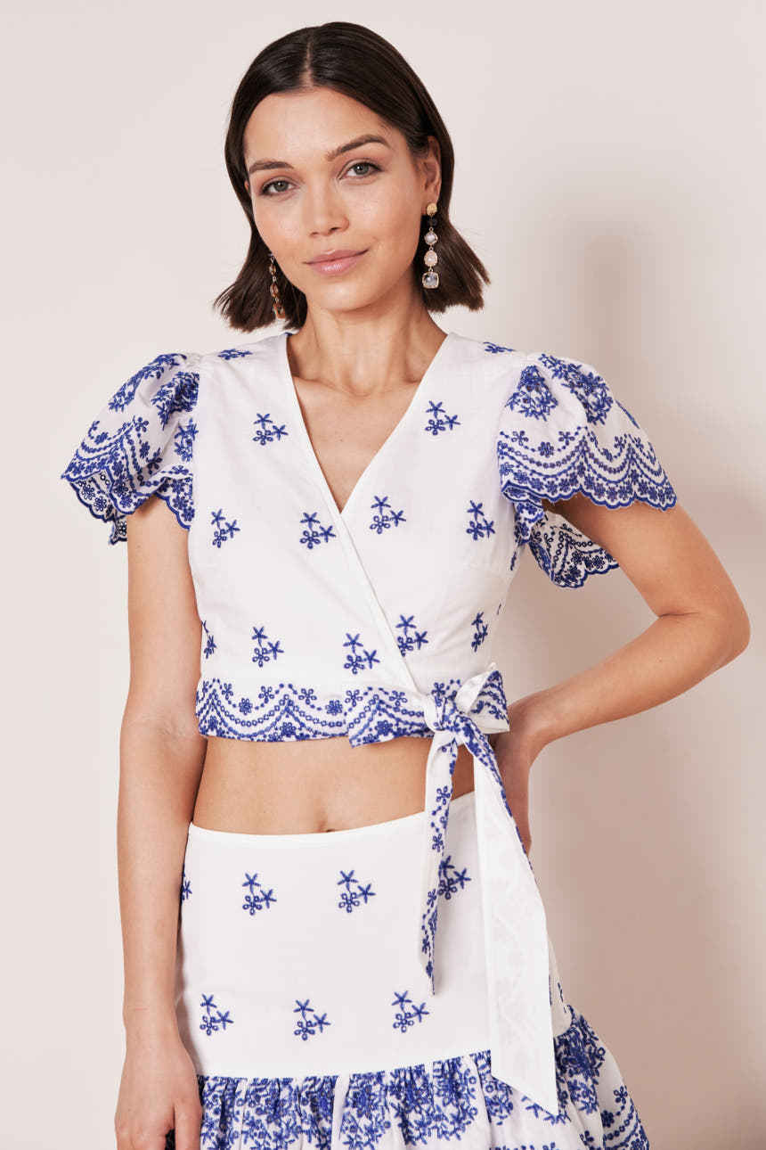Embroidered wrap blouse
