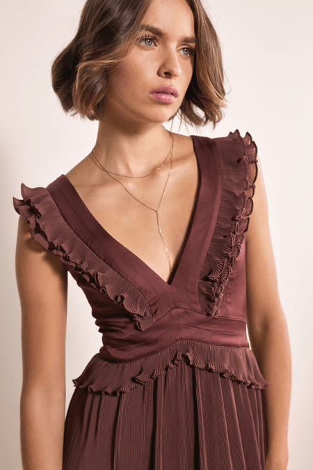 CLAIRE LUISE Pleated ruffle dress in brown