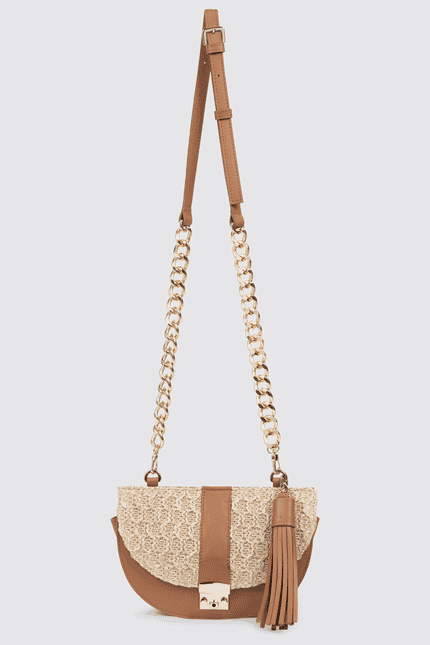 Half-moon bag with raffia