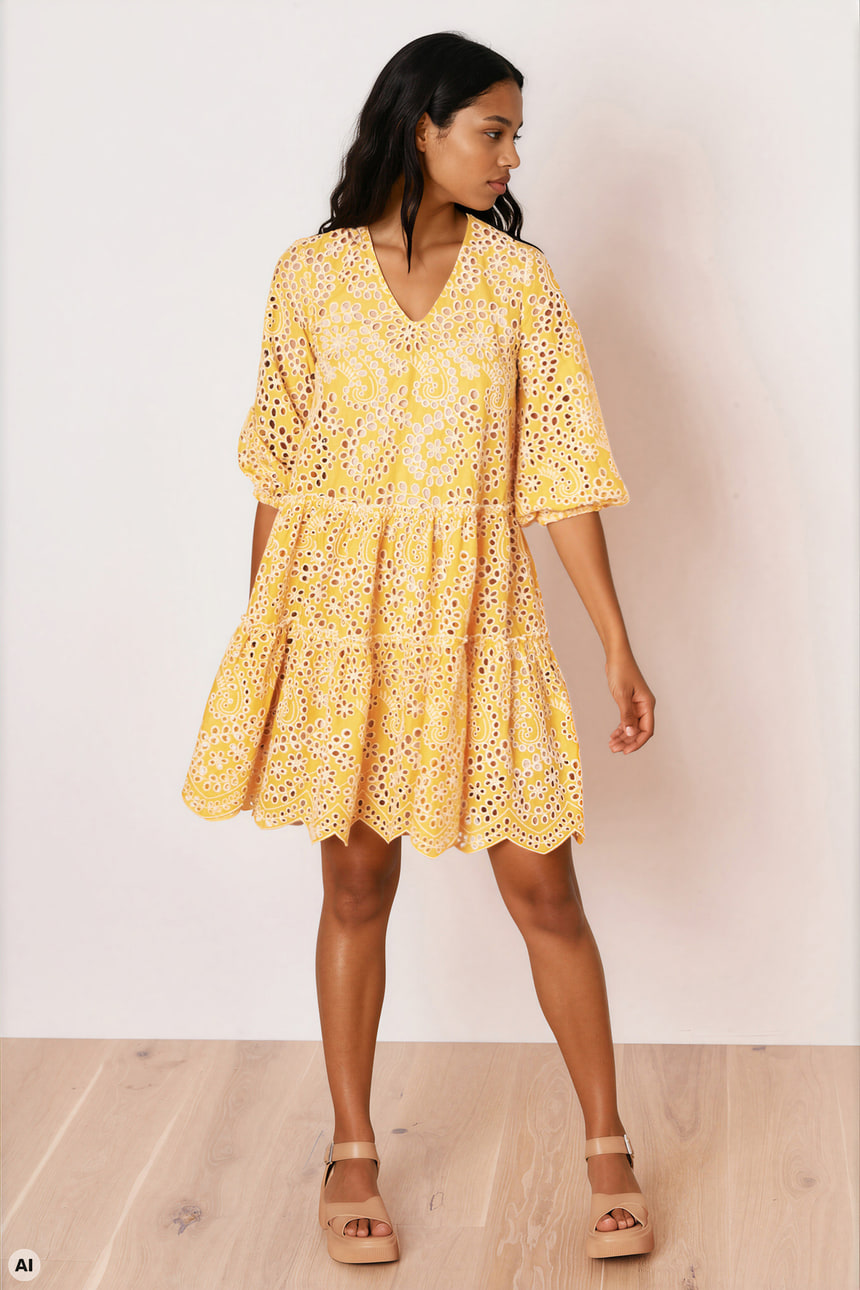 Volant dress with lace holes