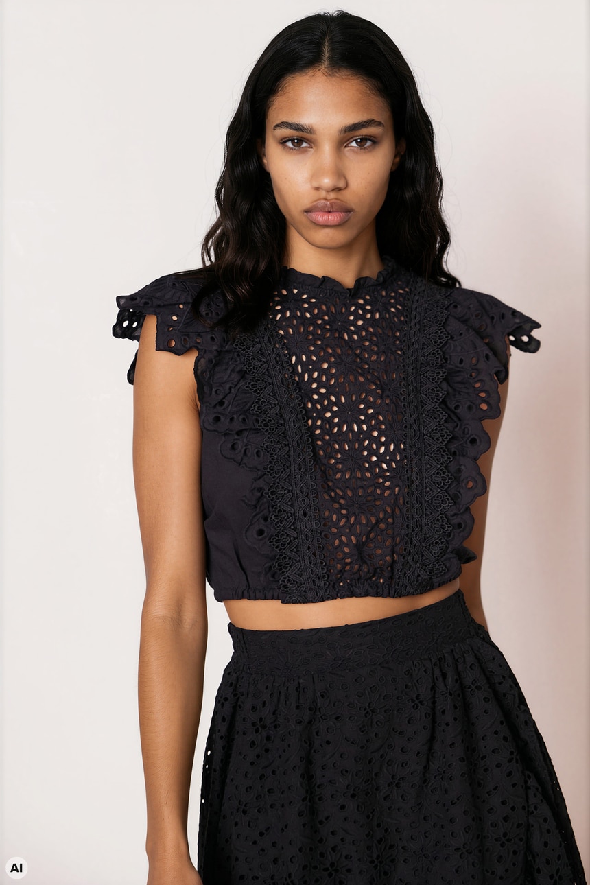 Blouse with perforated lace